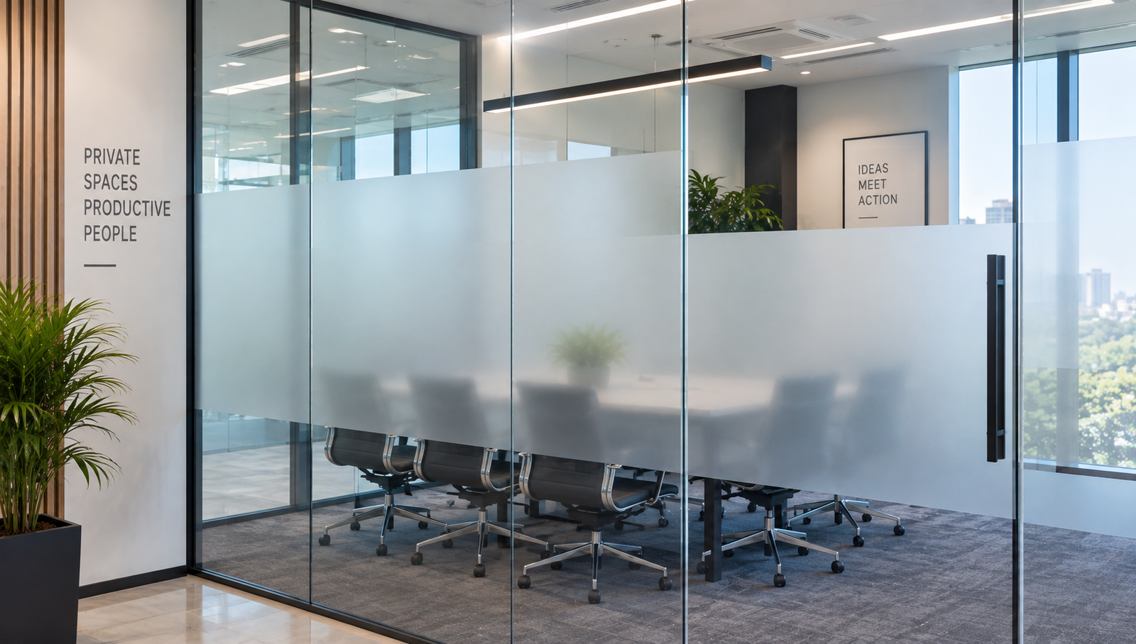 Frosted privacy film on office glass partition