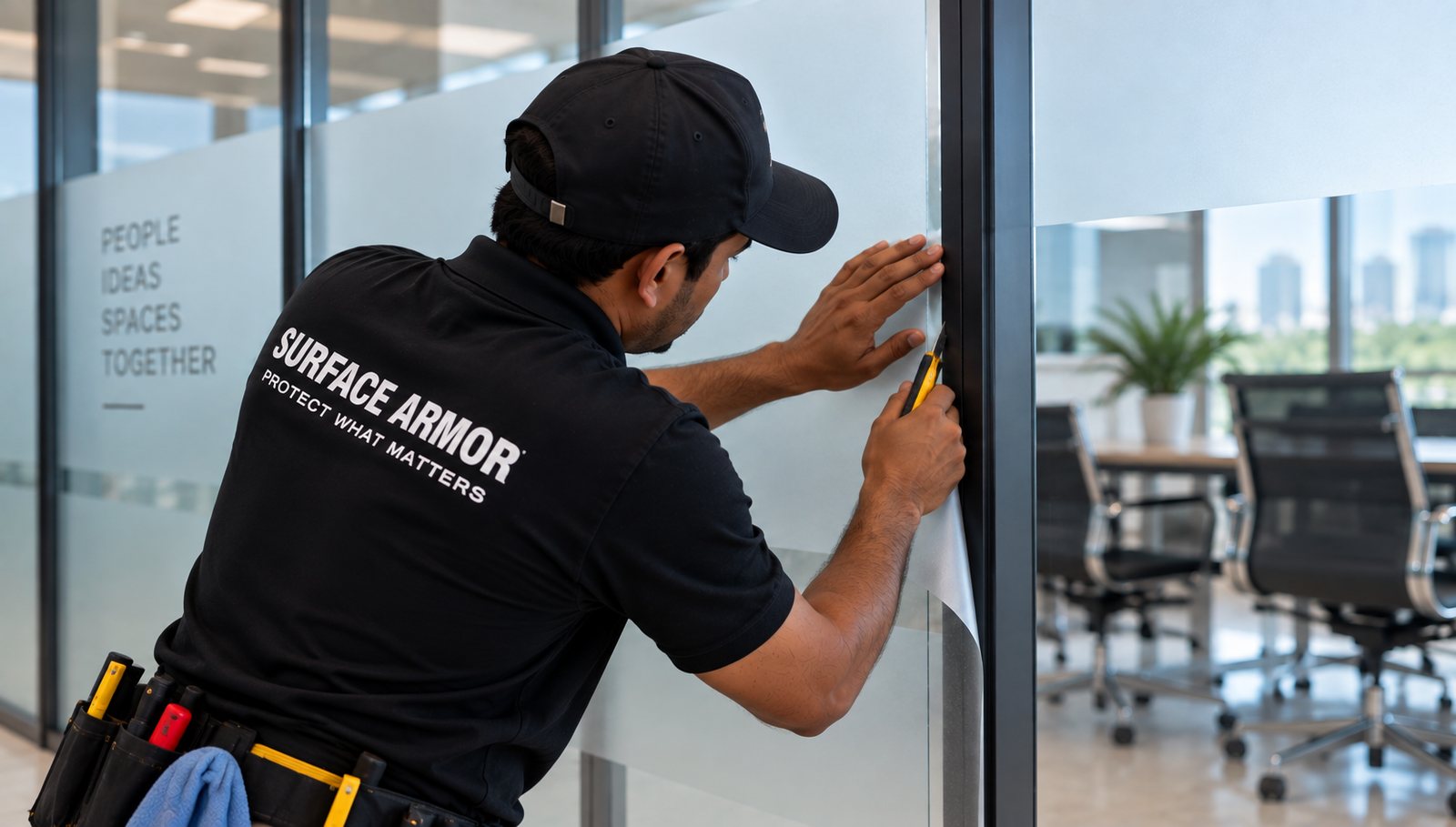 Edge finishing during privacy window film installation